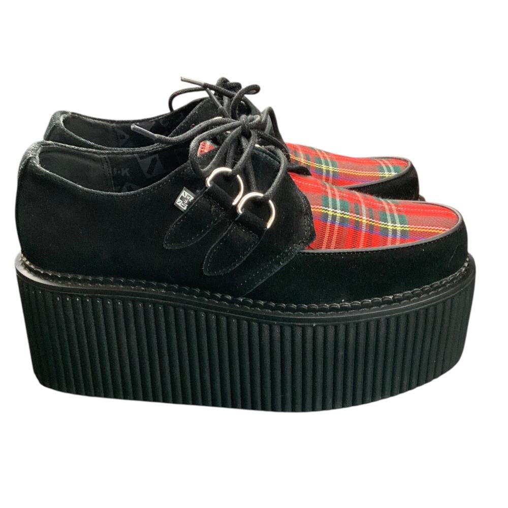 TUK Black Suede Red Tartan Creeper 3” Platform Shoes Womens Size 10 Goth Punk